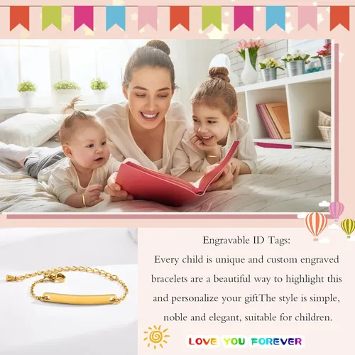 Miniatura 102 de Pulsera de barra para bebé: chapado en oro de 18 quilates, pulsera con placa de identificación personalizada para niños pequeños de mamá, nombre