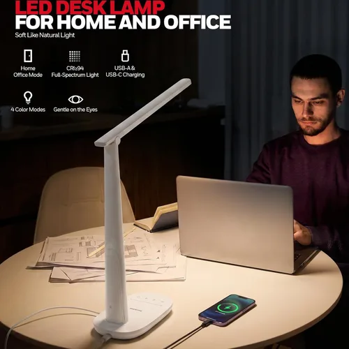 Miniatura 2 de Honeywell Lámpara de escritorio LED para oficina en casa, luz de lectura regulable con 4 modos de color, control táctil, puertos de carga USB-A
