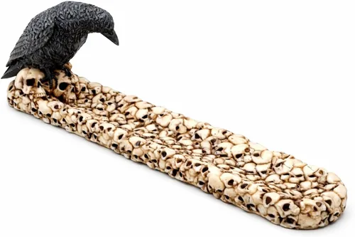 F.E.S.S. Raven Skull - Estatua de quemador de incienso – Figura gótica de resina de 10 pulgadas con cuervo posado en calavera, soporte de incienso