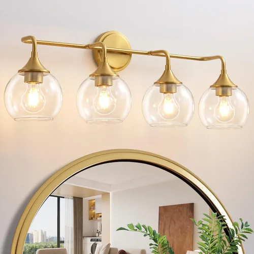 Miniatura 14 de Lámpara de Tocador de Baño Dorada con Pantalla de Vidrio Transparente, Base E26, Luminarias de Baño de 2 Luces Sobre Espejo, Luces de Tocador de 14