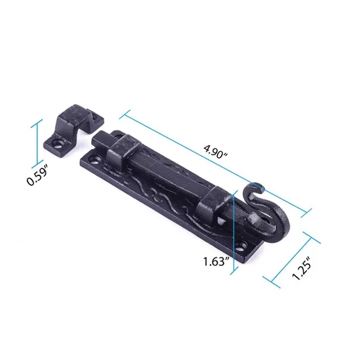 Miniatura 4 de Renovators Supply Manufacturing Pestillo de cerradura de puerta de 4 pulgadas. Pestillo de perno deslizante de hierro forjado negro con accesorios