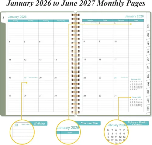 Miniatura 4 de Agenda mensual 2026-2027, enero 2026 a junio 2027, dos páginas por mes, calendario mensual de 18 con pestañas, bolsillo interior, 6.4 x 8.5 Negro