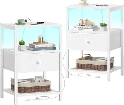 Miniatura 9 de BOLUO - Mesita de noche blanca con estación de carga, mesita de noche LED con cajones de tela y estante, mesa de cabecera con puertos USB y tomas