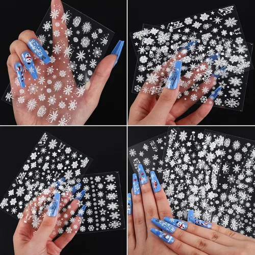 Miniatura 4 de Calcomanías de uñas de copos de nieve, 4 hojas 5D en relieve de Navidad, calcomanías de uñas de copo de nieve con purpurina blanca, calcomanías