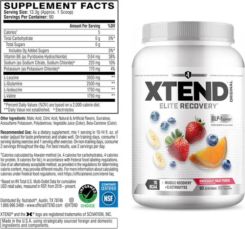 Miniatura 2 de XTEND Original BCAA - Polvo de Frutas Knockout Punch Bebida de recuperación muscular post entrenamiento sin azúcar con aminoácidos 7 g de BCAA