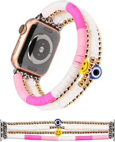 Miniatura 8 de TOYOUTHS Pulsera con cuentas Heishi compatible con Apple Watch para mujeres, niñas y niños, linda pulsera elástica de arcilla, pulsera apilable
