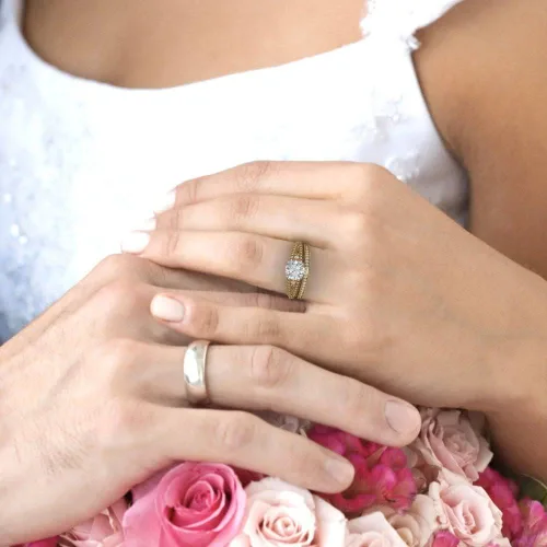 Miniatura 5 de Clara Pucci Anillo de compromiso de zafiro blanco con grabado personalizado de corte redondo de 2.10 quilates, conjunto nupcial de 14 quilates, oro