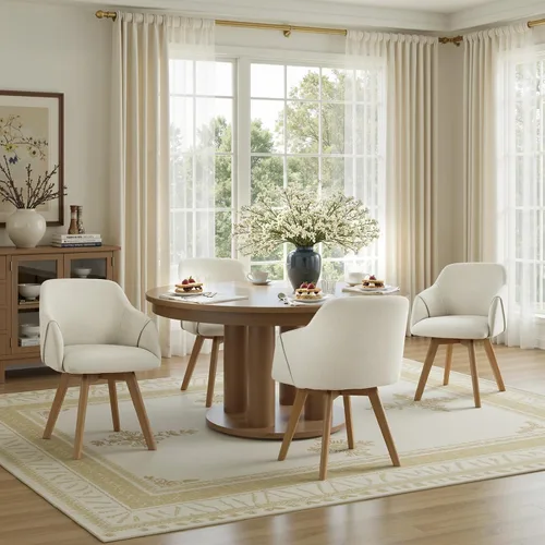 Miniatura 19 de Juego de 2 sillas de comedor giratorias, modernas de mediados de siglo con brazos y patas de madera, sillas de cocina tapizadas de tela de lino
