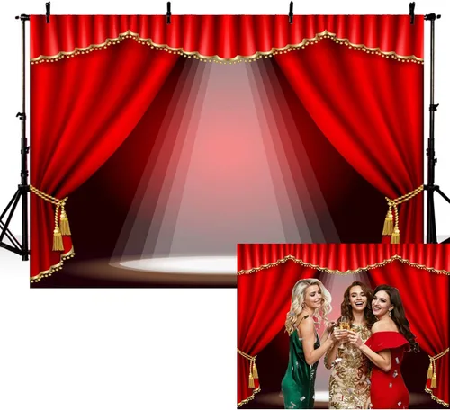 Telón de fondo de escenario de teatro de 5 x 3 pies, cenefa de cortina de terciopelo rojo, fondo de fotografía interior, focos de escenario vintage,