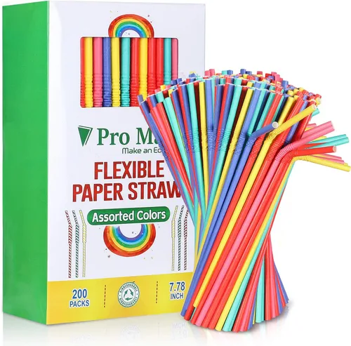 Pro Mael Pajitas de papel, popotes flexibles para jugos, batidos, licuados, popotes desechables para cumpleaños, bodas y fiestas (paquete de 200, 5