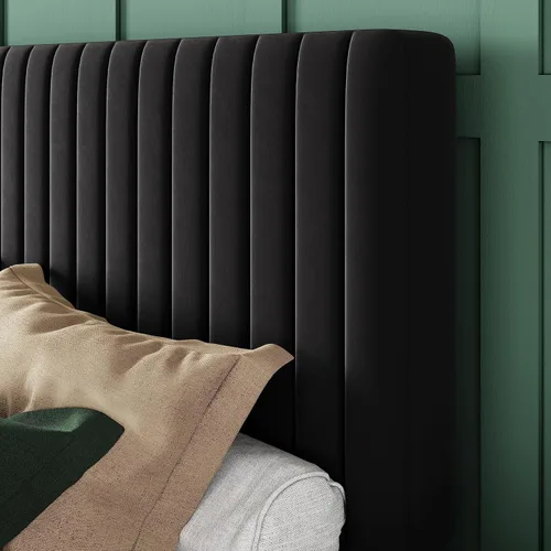 Miniatura 4 de Allewie Base de cama tamaño Queen, plataforma tapizada de terciopelo con cabecera capitonada de canal vertical, base de colchón con listones de Negro