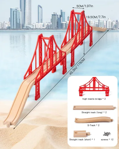 Miniatura 2 de Accesorios de vías de tren de madera, accesorios ferroviarios de tren, puente de tren de doble suspensión, juego de tren de juguete para niños