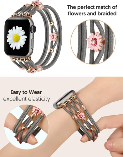 Miniatura 2 de TOYOUTHS - Pulsera floral compatible con Apple Watch de 1.65/1.61/1.57/1.49 pulgadas para mujer, correa de nylon elástica y trenzada con cuentas