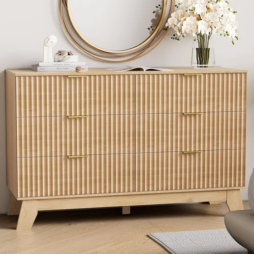 Miniatura 10 de HUANLEGO Cómoda de 6 cajones para dormitorio, cómodas estilizadas negras con cajones y tirador dorado, cómodas de madera modernas de mediados
