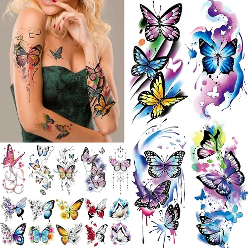 Cerlaza 79 hojas de tatuajes de mariposa 3D temporales realistas para mujeres adultas, tatuajes falsos de acuarela, calcomanías temporales de