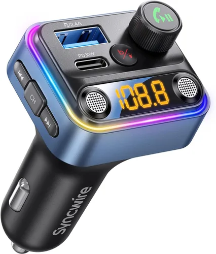 Miniatura 11 de Syncwire Bluetooth 5.4 Transmisor FM Adaptador para Coche 42W [Interruptor de Luz] [Micrófono Dual Más Potente] [Sonido de Graves HiFi]