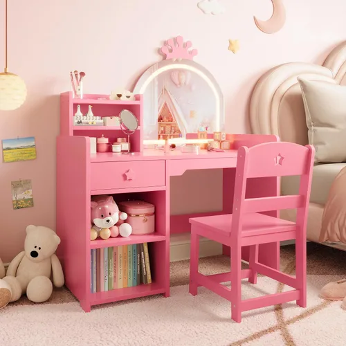 Miniatura 13 de GarveeHome Tocador para niños con luces, gabinete de almacenamiento y espejo plegable desmontable con luz táctil, juego de mesa y silla para niños