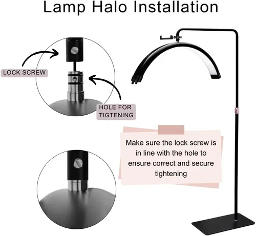 Miniatura 7 de Lámpara LED regulable para pestañas de pie, luz de tatuaje ajustable con tonos cálidos y fríos, lámpara de media luna con diseño de halo giratorio