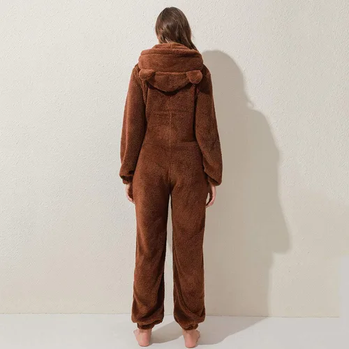 Miniatura 11 de Pijama de forro polar para mujer, mameluco cálido de sherpa, ropa de dormir de una pieza con cremallera y capucha
