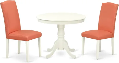 Miniatura 24 de East West Furniture ANEN3-LWH-06 - Juego de mesa de cocina de 3 piezas contiene una mesa de comedor redonda con pedestal y 2 sillas de comedor