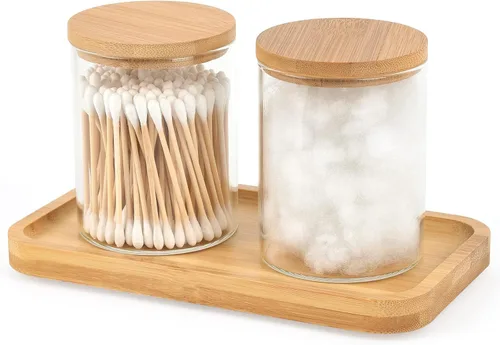 Miniatura 12 de BKYFPQ Juego de 2 dispensadores de vidrio para Qtip - Tarros de boticario con tapas, organizador de maquillaje de tocador y organizador