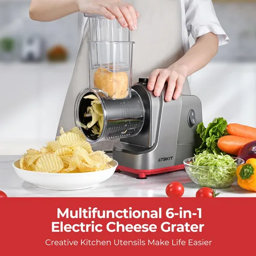 Miniatura 7 de Rallador Eléctrico de Queso, Preparador de Ensaladas con 6 Formas Diferentes de Cuchillas, Rebanadora Trituradora Eléctrica de 250W, Máquina