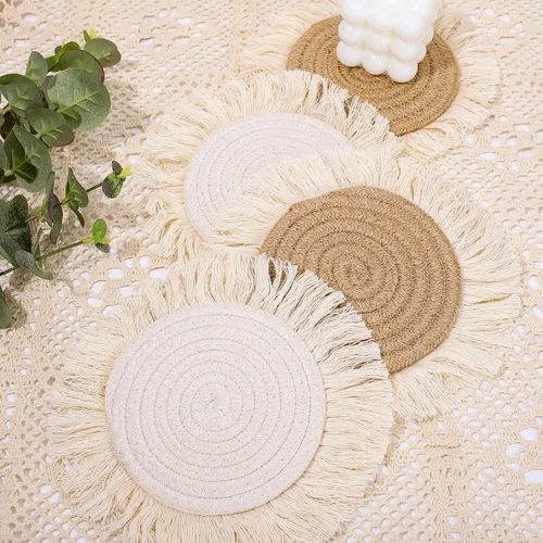 Miniatura 3 de Whaline Paquete de 4 posavasos bohemios beige hechos a mano de ganchillo para bebidas, tapete bohemio tejido para vacaciones, hogar, cocina