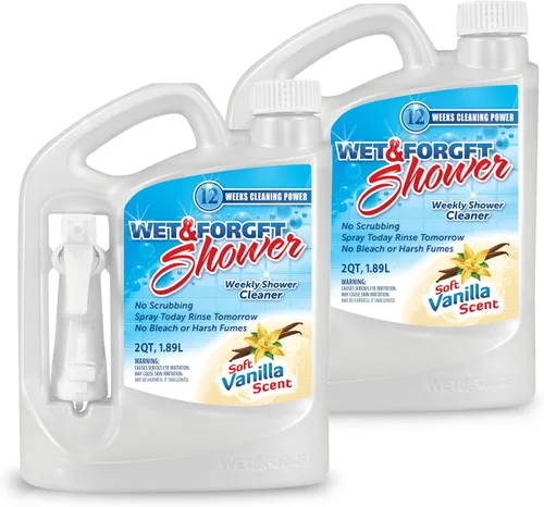 Wet & Forget Limpiador de ducha de aplicación semanal, no requiere fregar, fórmula sin blanqueador, listo para usar, aroma a vainilla, 64 onzas
