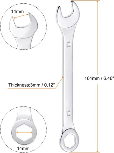 Miniatura 2 de uxcell Llave combinada delgada con extremo de 6 puntos compensado y extremo abierto en ángulo, chapado en espejo cromo métrico de acero al carbono