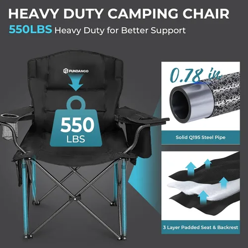 Miniatura 3 de FUNDANGO Silla de campamento de gran tamaño para adultos, silla de césped plegable portátil de servicio pesado con asiento y respaldo acolchados