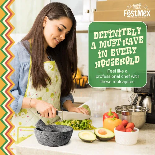 Miniatura 4 de Juego Auténtico de Mortero y Pilón Mexicano Hecho a Mano de 8 Pulgadas con Base Plana, Molcajete Mexicano — Utensilio de Cocina Mexicano Perfecto