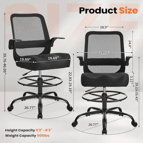 Miniatura 2 de Silla de dibujo de 500 libras – Silla de oficina alta con altura ajustable y anillo de pie para escritorio de pie, silla ergonómica de malla