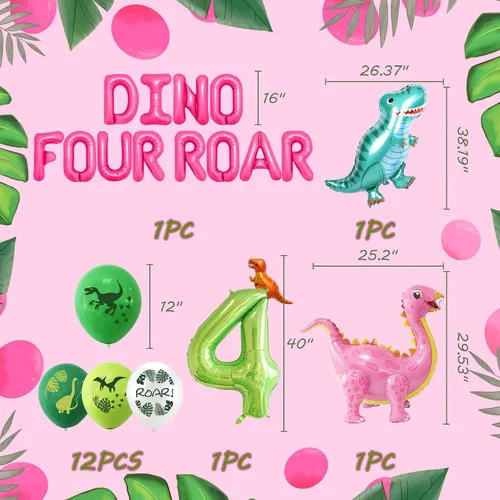 Miniatura 2 de LaVenty Globos de rugido de dinosaurio Rex para decoración de cumpleaños de 4 años, diseño de dinosaurio para niña