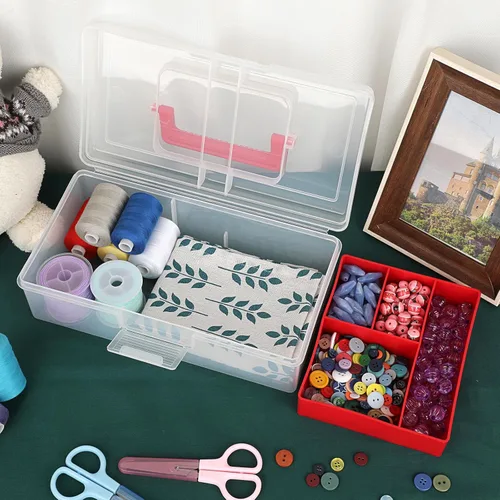 Miniatura 2 de BTSKY Caja de almacenamiento de plástico transparente con bandeja extraíble, caja de almacenamiento de papelería multiusos con asa, práctica caja