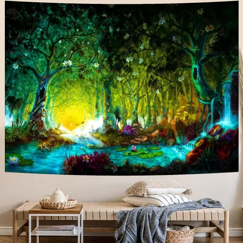 Miniatura 5 de Delur Tapiz de bosque de fantasía, río místico, encantado, de cuento de hadas, tapiz de árbol mágico de cuento de hadas, paisaje de amanecer, puesta