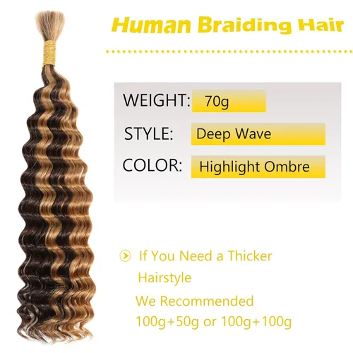Miniatura 2 de 1 paquete de cabello humano trenzado de 18 pulgadas para trenzar reflejos, color 4/27, onda profunda, a granel 12A, virgen brasileño, 100% cabello