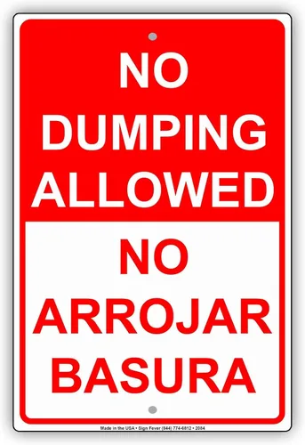 No se permite dumping No Arrojar Basura Inglés Español Restricción Bilingüe Aviso de advertencia de advertencia de aluminio de metal de aluminio