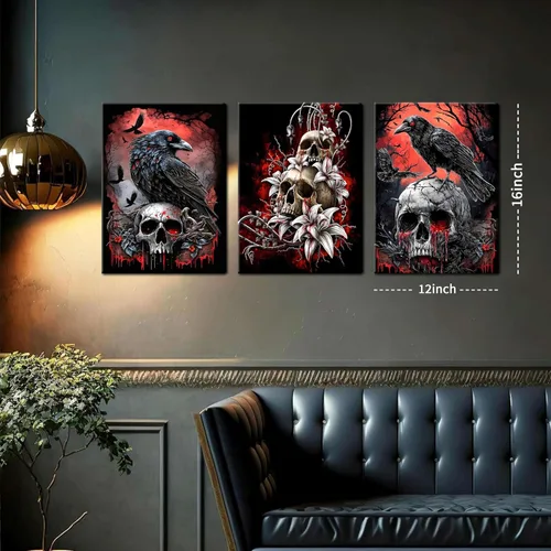 Miniatura 3 de Lienzo de pared de Halloween con marco de madera gótica para sala de estar, juego de 3 impresiones románticas de cuervo y mariposa, decoración