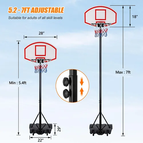 Miniatura 3 de JupiterForce Aro de baloncesto para niños, portería de baloncesto portátil de altura ajustable de 5.5 a 7 pies con tablero y ruedas de 28 pulgadas
