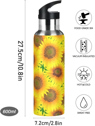 Miniatura 9 de Insulated Water Bottle 20 Oz, Leakproof Water Bottles for Gym Outdoor Travel School, Vibrant Sunflowers Bright Yellow