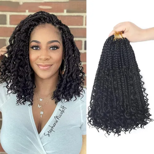 Miniatura 29 de Goddess Box Braids - Trenzas de cabello a ganchillo con extremos rizados, trenzas de caja bohemianas de 16 pulgadas, trenzas de ganchillo, 8 1B-4-30