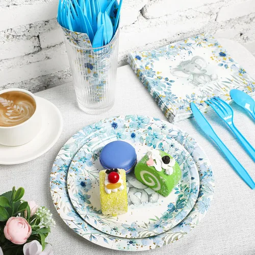 Miniatura 5 de Bokon Juego de 300 platos de elefante para baby shower, para 50 vajillas, incluye platos, servilletas, tenedores, cucharas, cuchillos, elefante