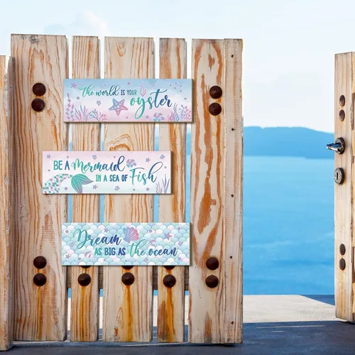 Miniatura 6 de Yerliker 3 piezas de decoración de pared de sirena con tema oceánico de madera para niña, placa temática del mar, decoración motivacional, cola