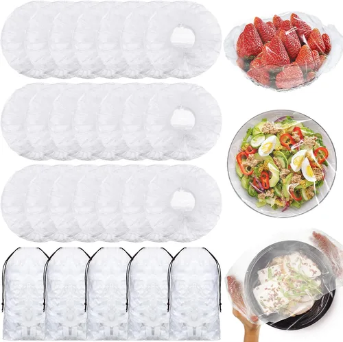 Fumete 500 fundas elásticas reutilizables para almacenamiento de alimentos y 5 bolsas con cordón, transparente, blanco, material de polietileno,
