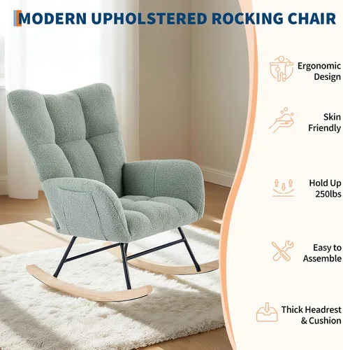 Miniatura 11 de Mecedora deslizadora tapizada con patas de madera para sala de estar, dormitorio, cuarto de bebé, incluye bolsillos laterales
