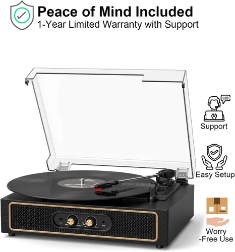 Miniatura 15 de Tocadiscos retro Bluetooth con altavoces integrados, tocadiscos de 3 velocidades por correa, control de graves y agudos, reproductor de vinilo Negro