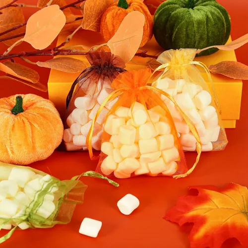 Miniatura 5 de Whaline 120 bolsas de organza de otoño de Acción de Gracias con cordón, naranja, amarillo, verde, marrón, bolsas de regalo de vacaciones, bolsas