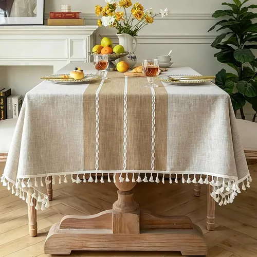 Miniatura 13 de Pahajim Mantel Rectangular a Rayas con Borlas, Mantel Grueso de Lino y Algodón para Picnic al Aire Libre, Comedor y Decoración de Cocina de Fiestas