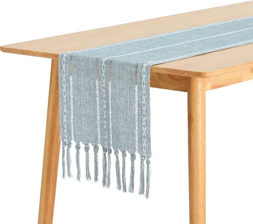 Miniatura 6 de uxcell Paquete de 1 camino de mesa rústico, caminos de mesa de granja con borlas, camino de mesa rústico para comedor, fiesta, boda, 13 x 63 Beige