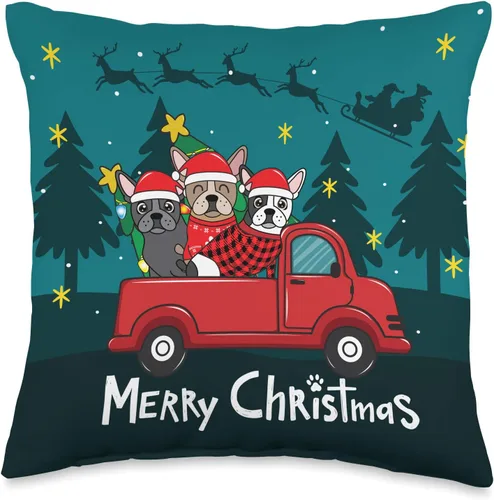 French Bulldog Frenchie truck Christmas Almohada divertida para regalo de Navidad, diseño de bulldog francés, diseño de camión de Navidad, 16 x 16,